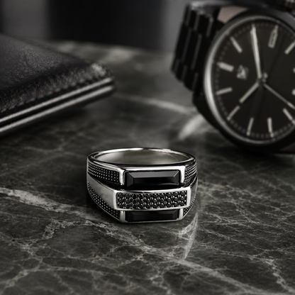 Men’s Black & Silver Geometric Signet Ring