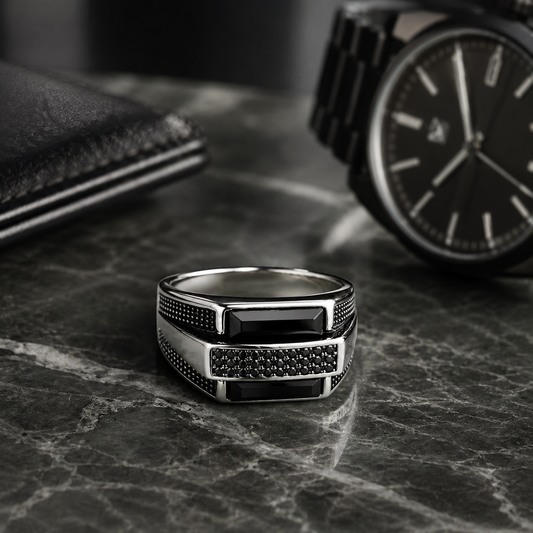 Men’s Black & Silver Geometric Signet Ring