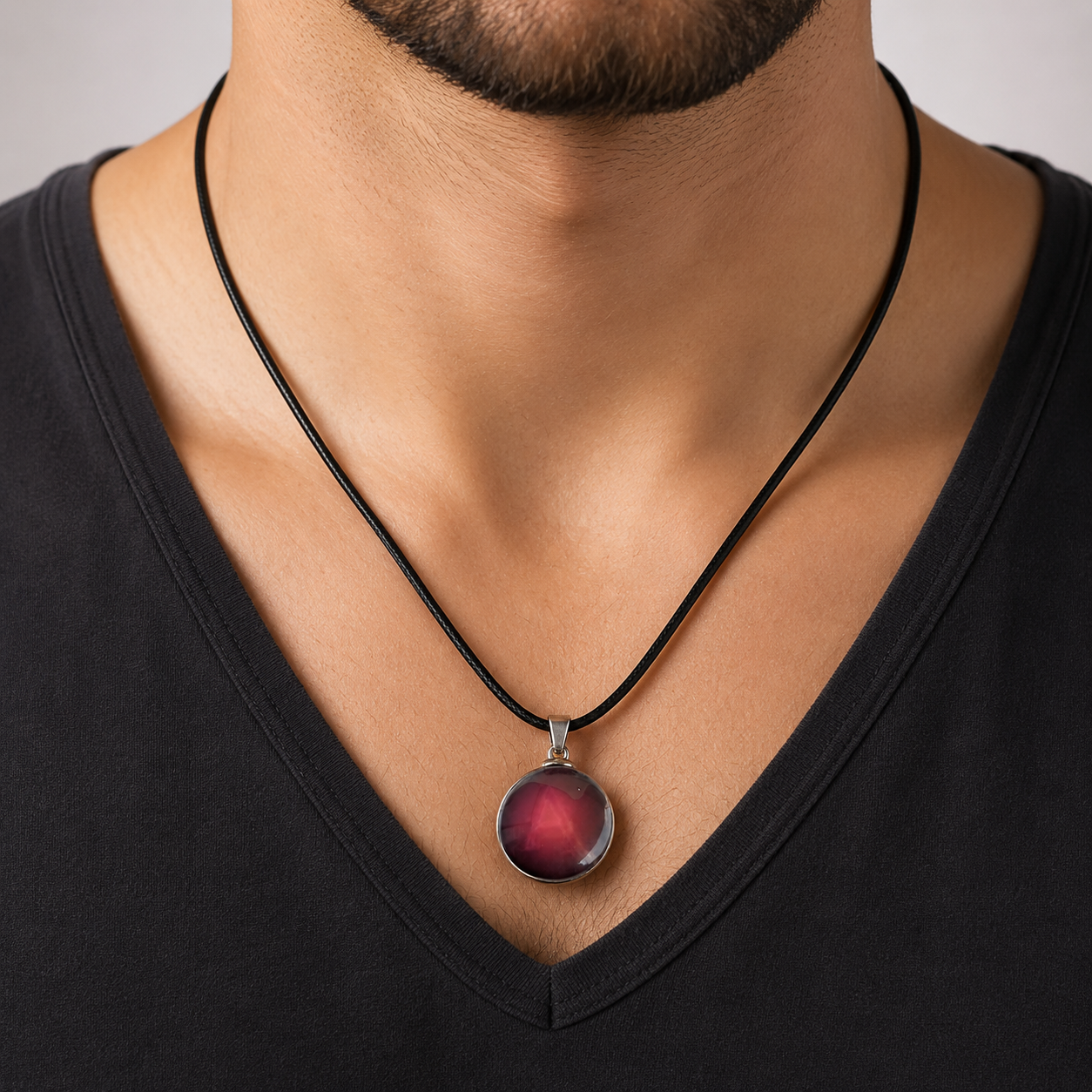 Red Stone Pendant Necklace with Black Cord