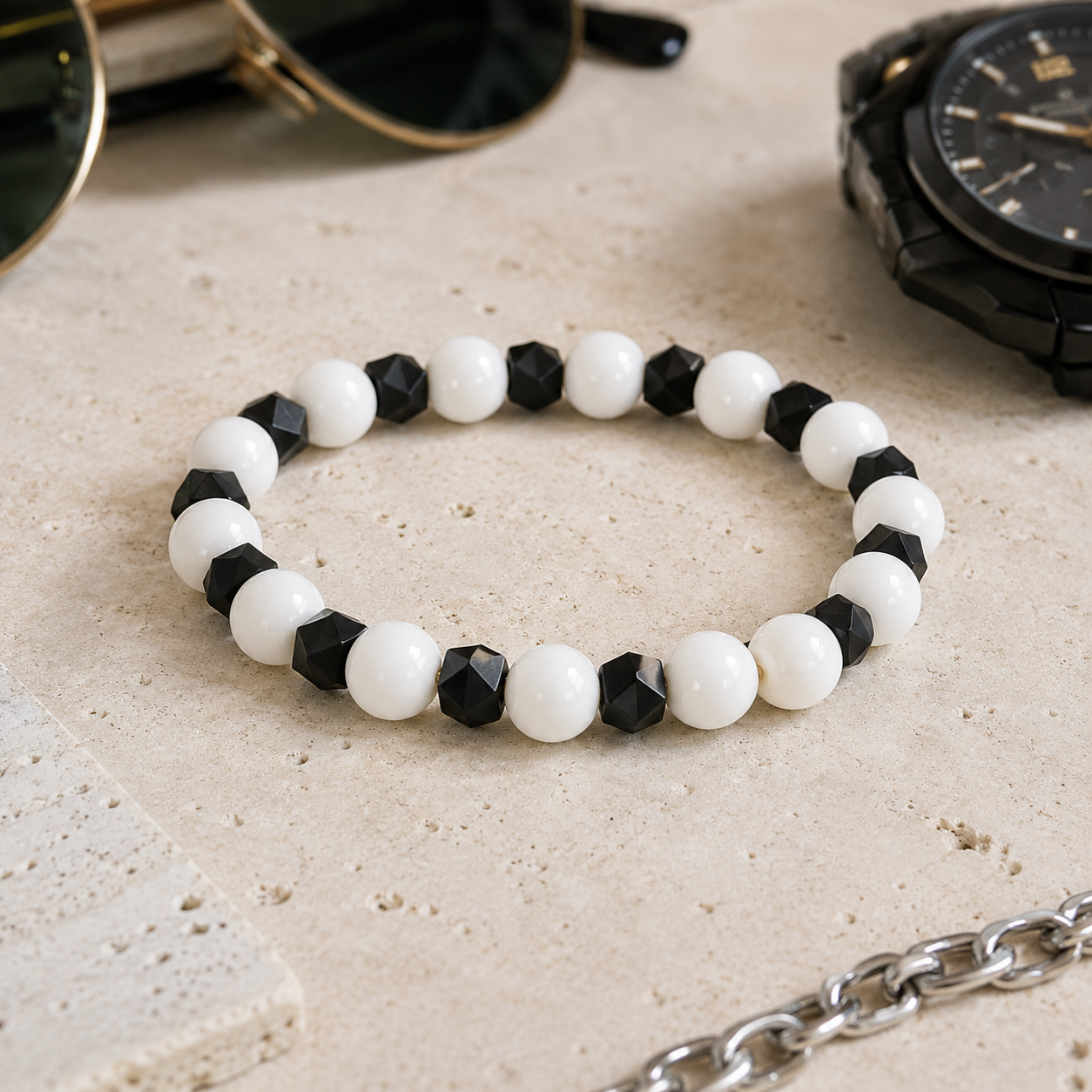 White Agate & Black Spinel Bracelet
