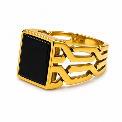 Men's Gold Stainless Steel Architectural Black Stone Ring