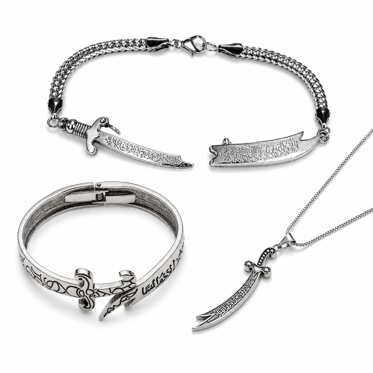 Silver Zulfiqar Trio Offer – Bracelet + Chain Bracelet + Pendant Necklace