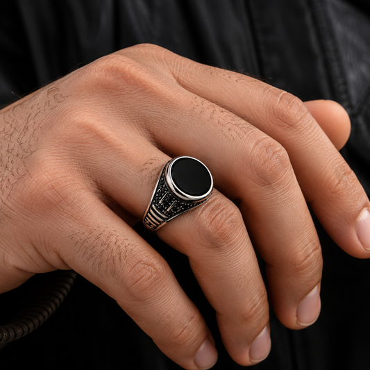 Men's Silver Black Stone Signet Ring – Stainless Steel Vintage Style