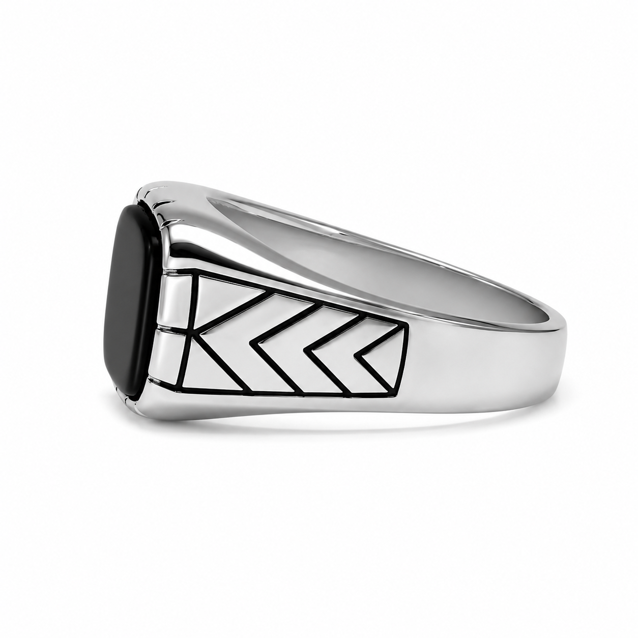 Side profile of silver geometric signet ring for men