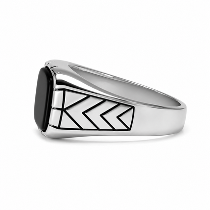 Side profile of silver geometric signet ring for men