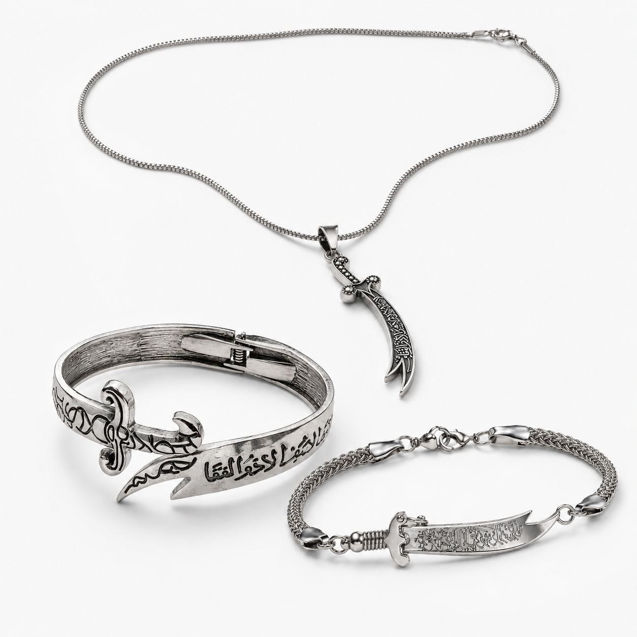 Silver Zulfiqar Trio Offer – Bracelet + Chain Bracelet + Pendant Necklace