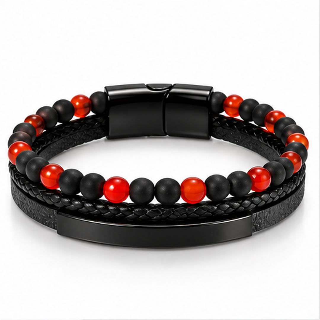 Men’s Black & Red Stone Braided Leather Bracelet
