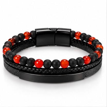 Men’s Black & Red Stone Braided Leather Bracelet