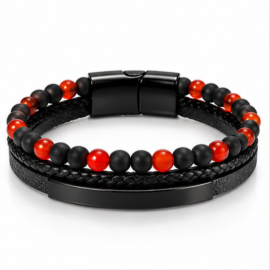 Men’s Black & Red Stone Braided Leather Bracelet