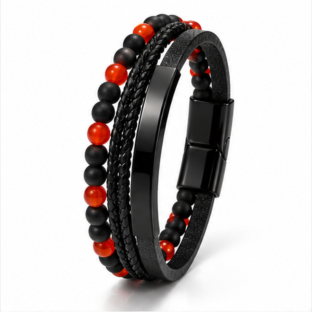 Men’s Black & Red Stone Braided Leather Bracelet