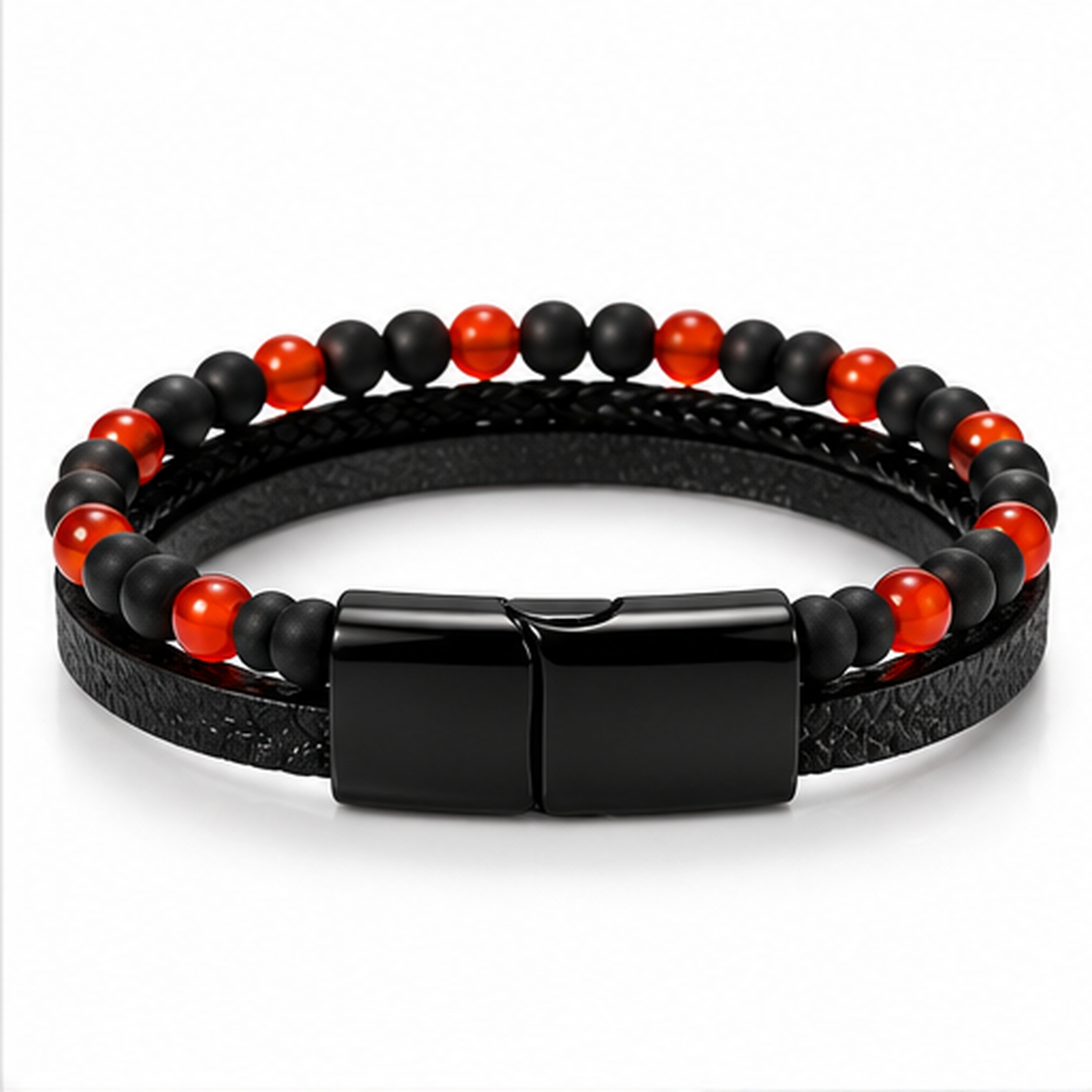 Men’s Black & Red Stone Braided Leather Bracelet